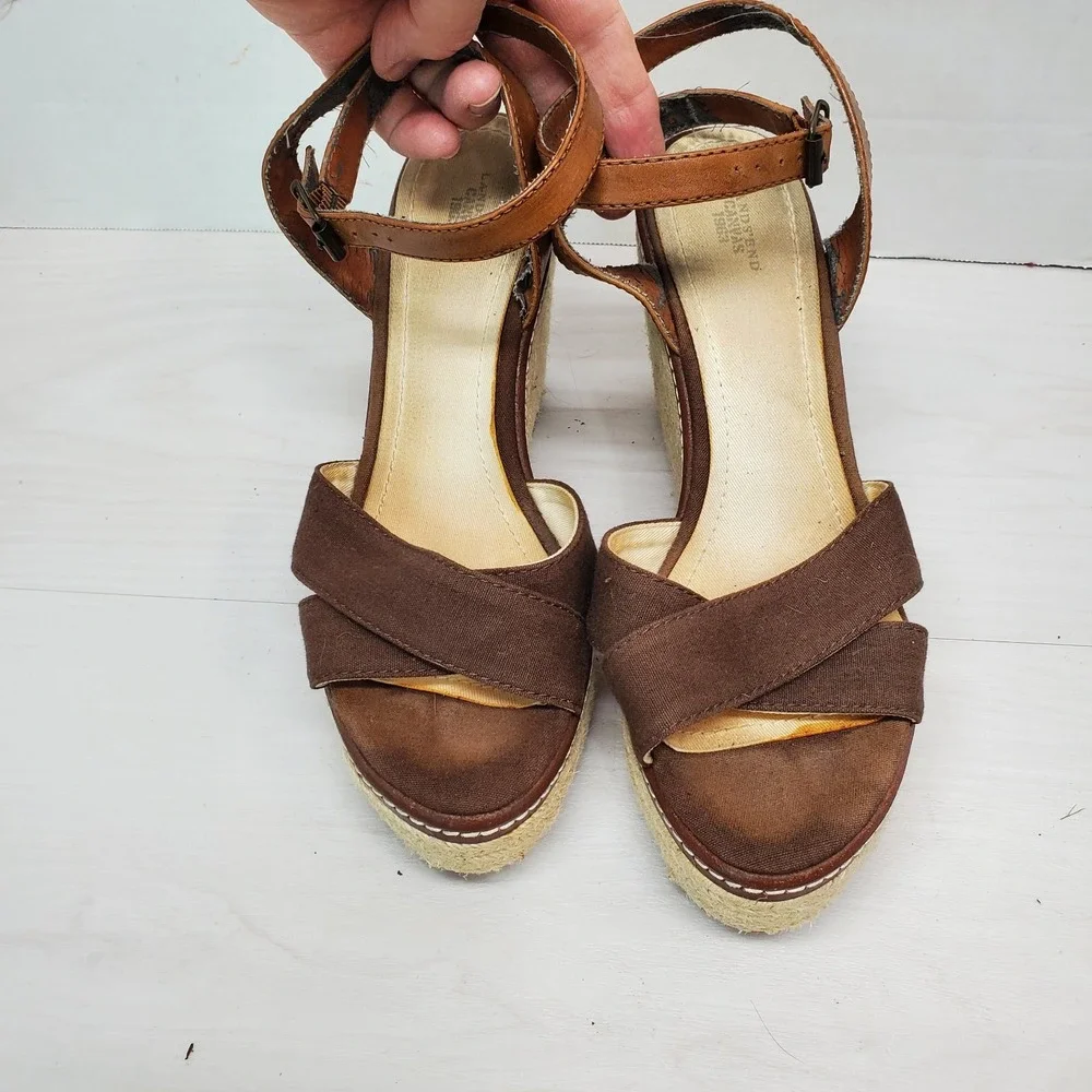 Lands End Canvas 1963 Brown Espradille Sandals Open Toe Wedge Heel Size 8 B